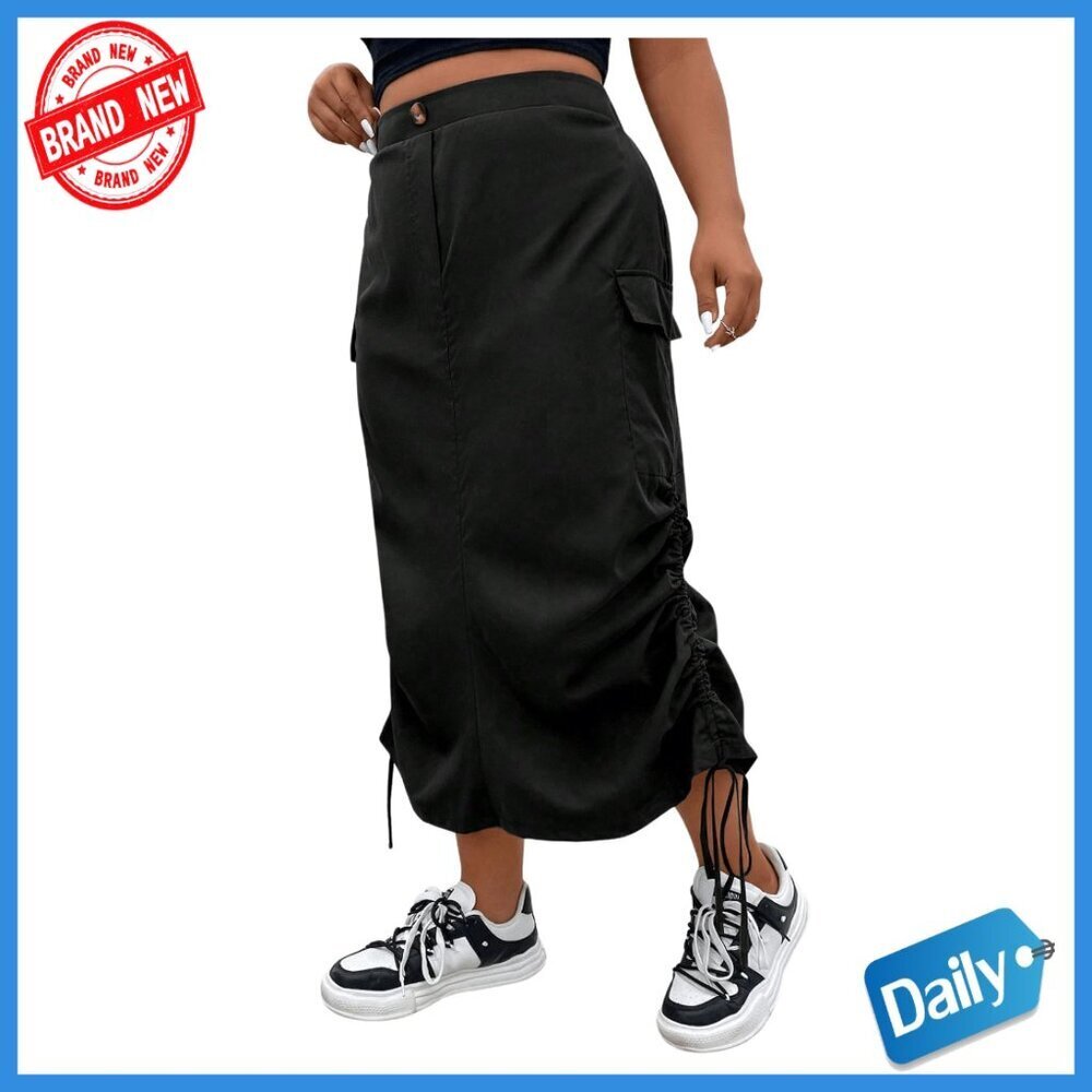 Plus Size Elastic High Waist Drawstring Midi Cargo Skirt